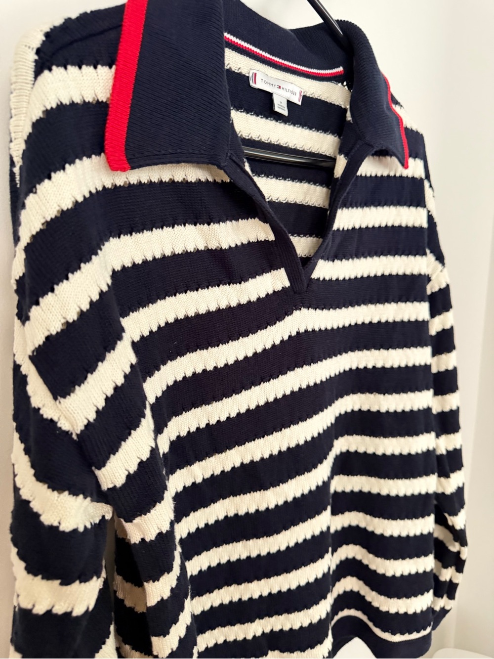 Tommy Striped Navy and White Polo Sweater with Red-Trim Collar Size M - Picture 8 of 10